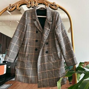 Vintage Khaki Brown Black Yellow Plaid Wool Peacoat Overcoat